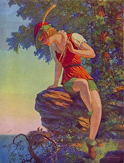 Piotrus Pan siedzacy na skale nad przepascia - kolorowa ilustracja z poczatku XX wieku